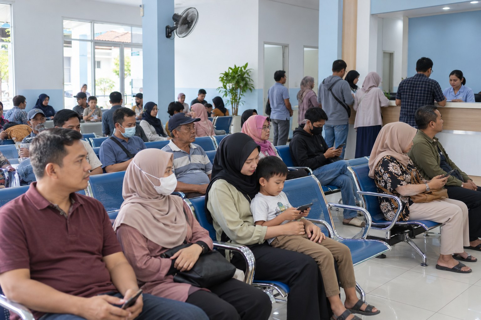 Ilustrasi AI ruang tunggu klinik Indonesia dengan pasien antre